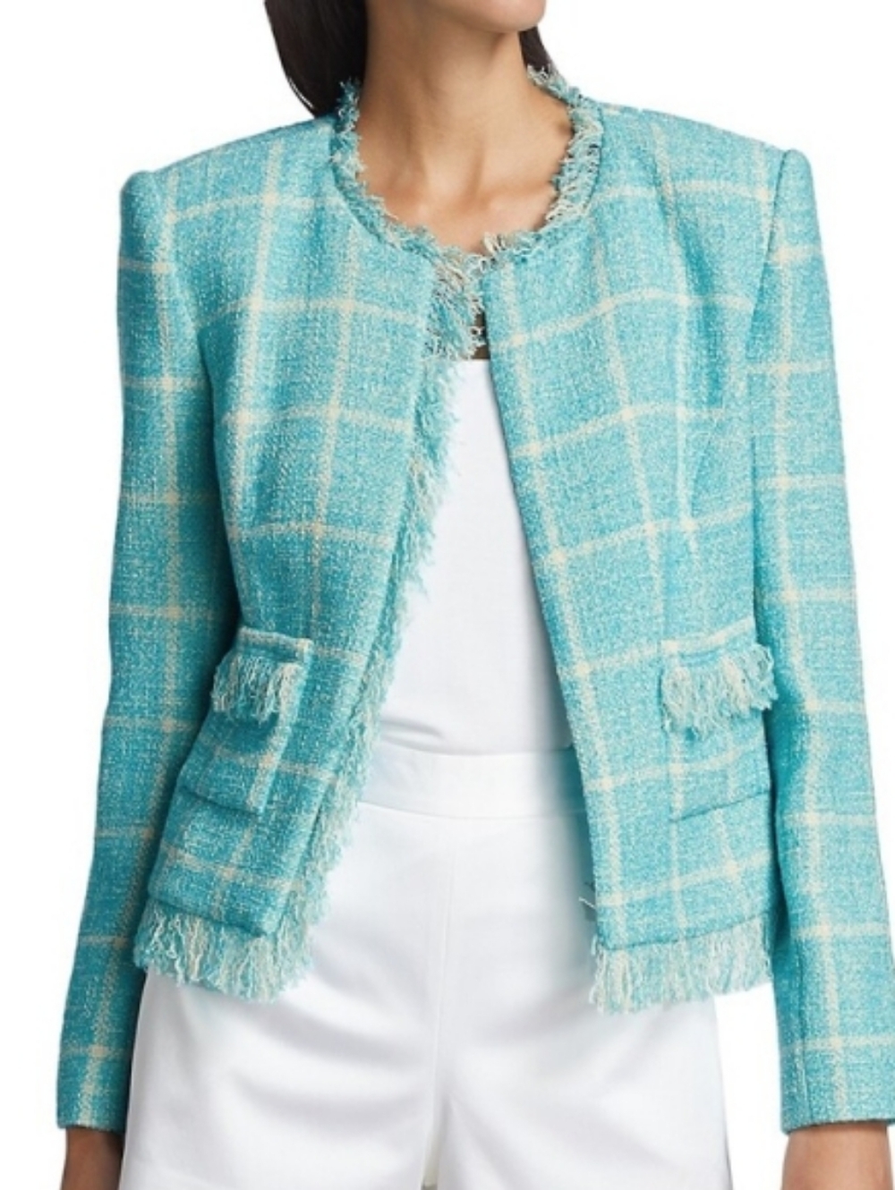 L'AGENCE 'Angelina' Plaid Tweed Open-Front Blazer Jacket, Turquoise/Natural